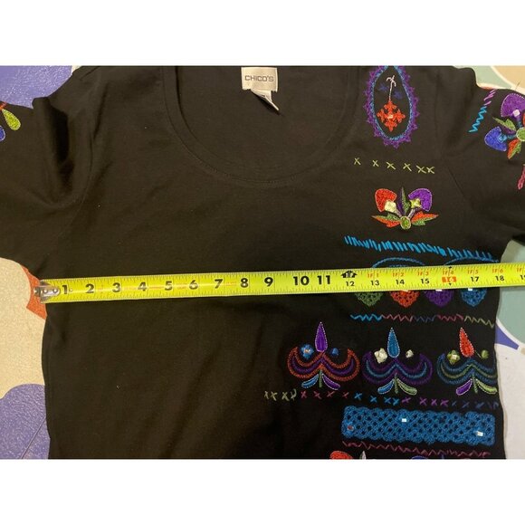 Chico's Black Colorful Southwest Embroidery Long Sleeve Round Neck Top Sz L - Picture 6 of 10